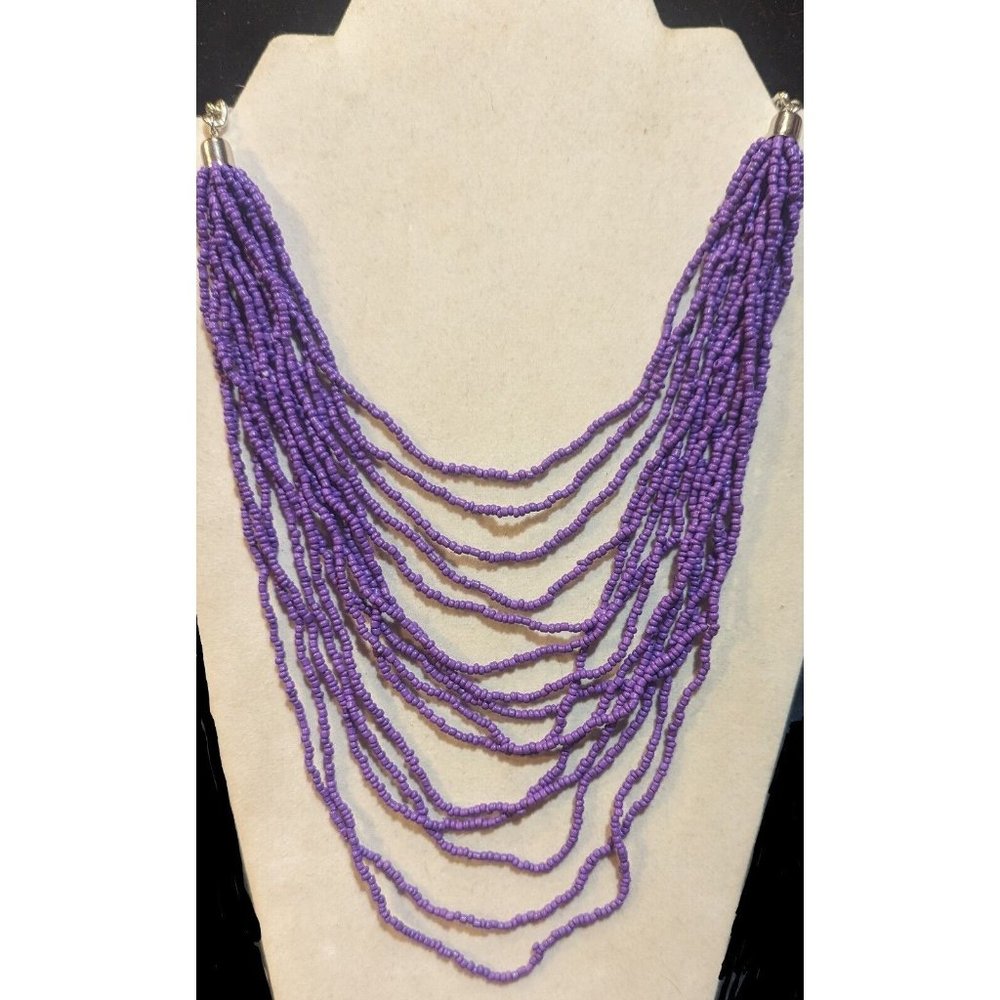 Womens Boho Necklace Purple Silver Tone Beaded Multi Strand 25" Jewelry